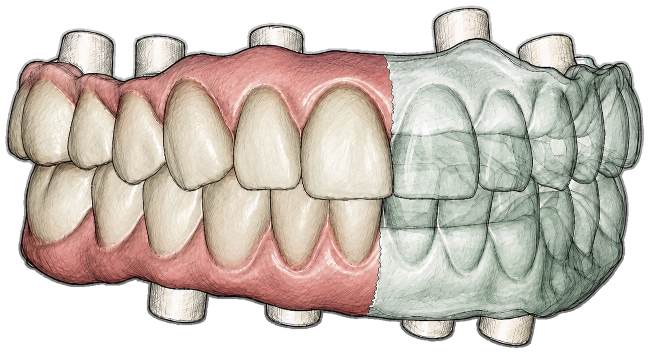 Illustration eines implantatgetragenen Zahnbogens, links in natürlichen Farben, rechts als transluzentes Design-Modell dargestellt
